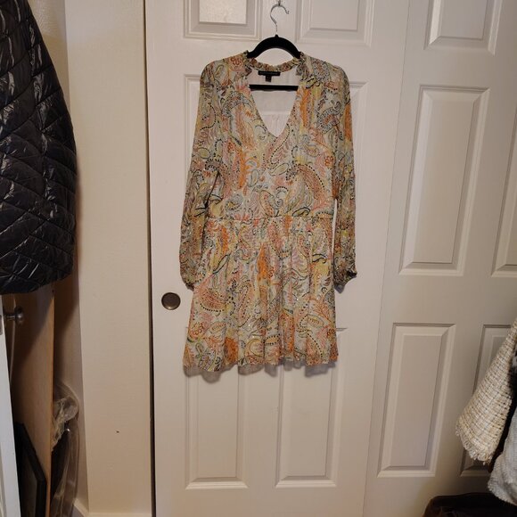 Boston Proper Paisley Bell Sleeves Metallic Threaded Mini Dress Smocked Waist - Picture 2 of 14